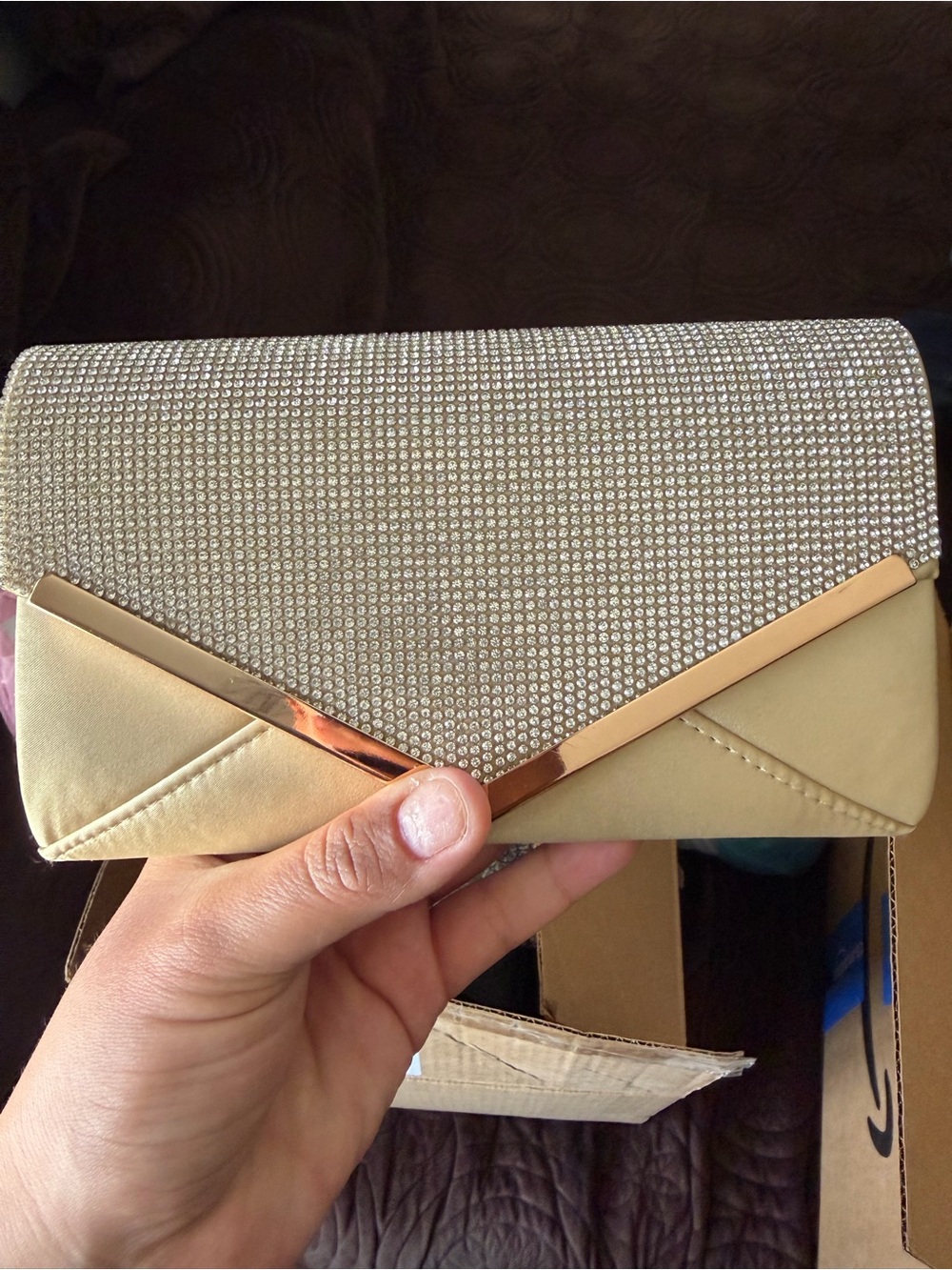 Elegant Rhinestone Envelope Clutch in Beige - Formal Evening Bag